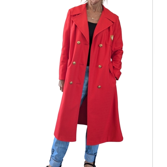 Vintage Smug Red Double Breasted Blazer Coat Gold Crest Buttons Preppy 70s Mod - Picture 2 of 9